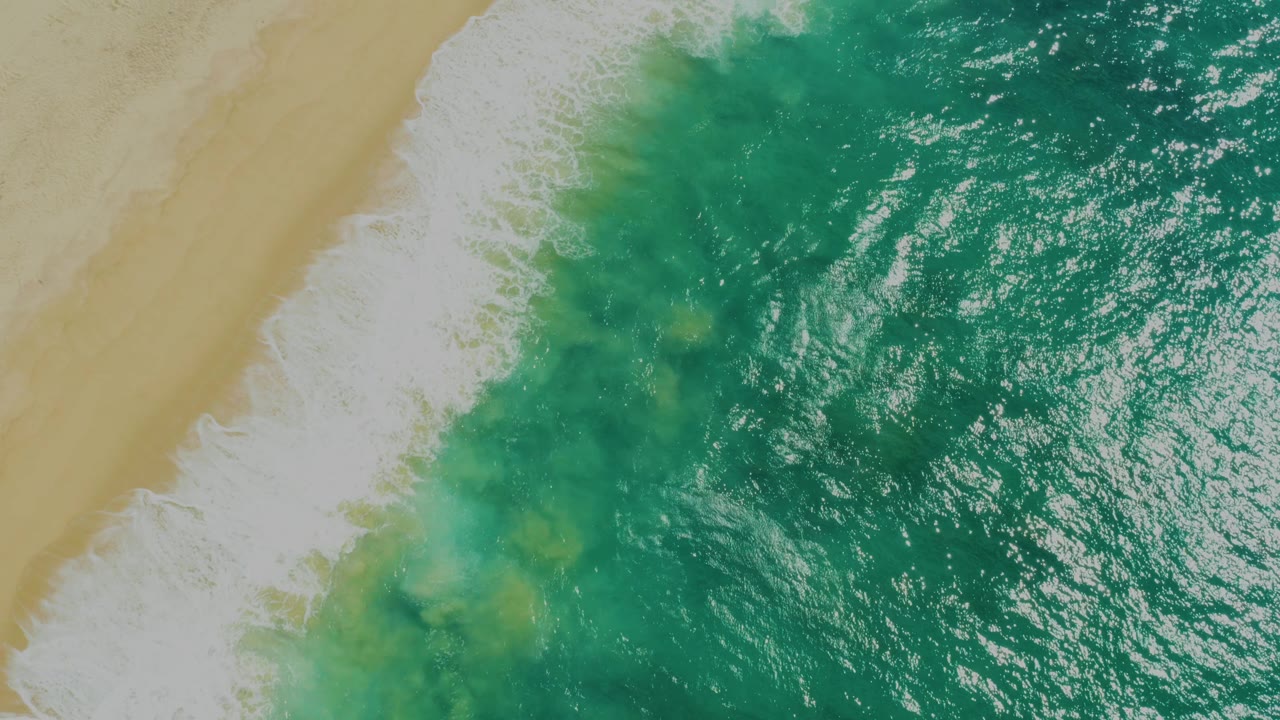 Overhead frame showing a thicker white foam band along tan beach sand with green water filling the right side at Laguna Beach, Baja California Sur, and no visible people.