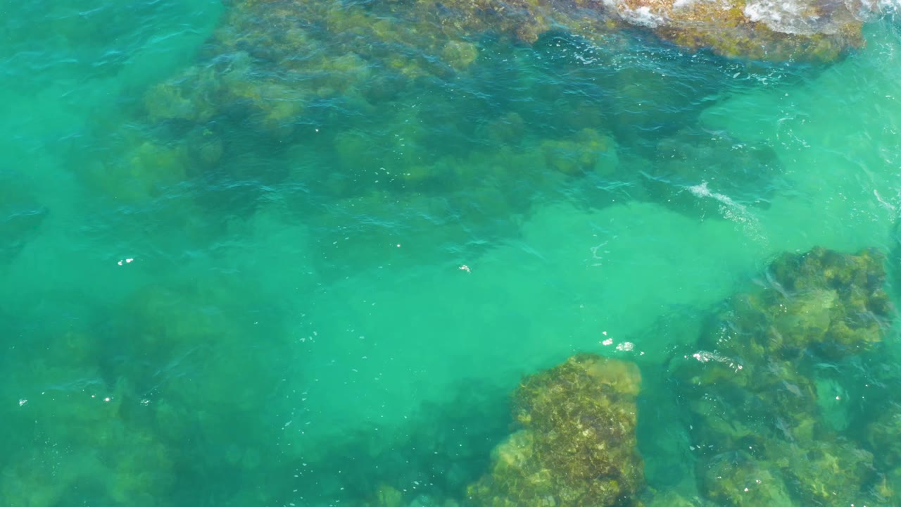 Aerial frame of clear turquoise shallows over uneven dark rock patches in Laguna Beach, Baja California Sur, with no visible people.
