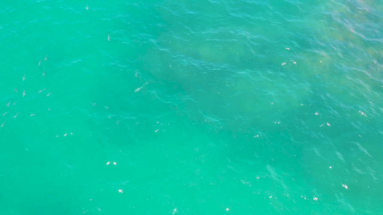 Overhead view of turquoise sea water at Laguna Beach, Baja California Sur, with small surface glints, faint submerged patches, and no visible people.