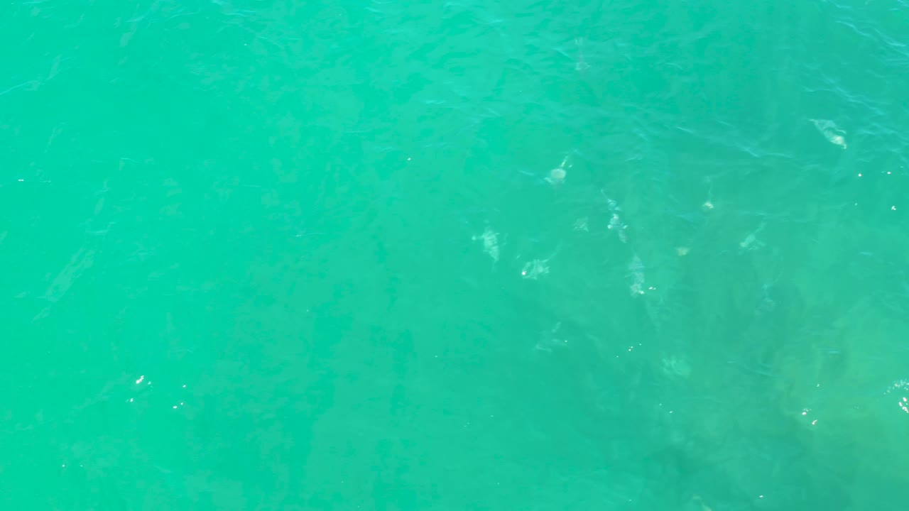 A top-down view of shallow turquoise water reveals darker rock or reef-like forms beneath the rippled surface, with no visible people.