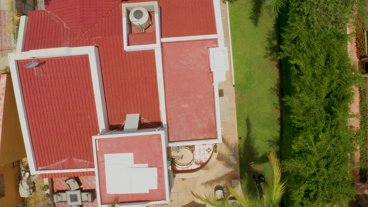 Close overhead crop of red roof next to tall green hedge