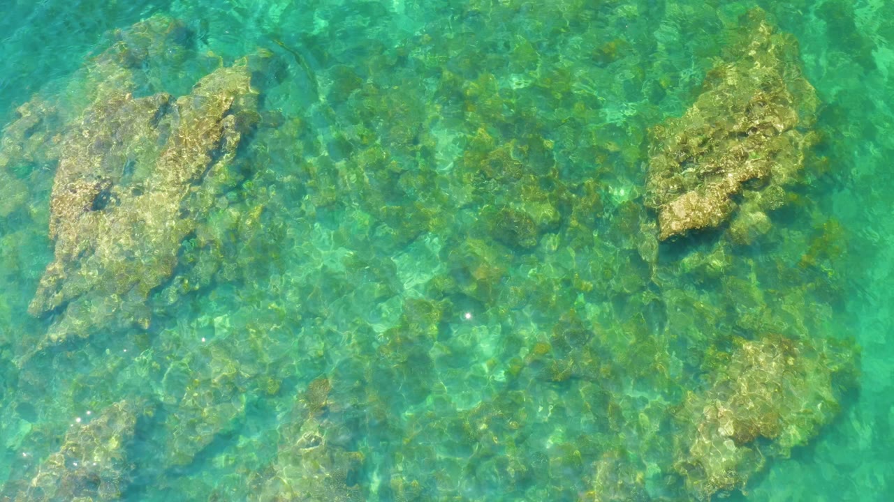 Clear green-blue shallows at Palmilla Beach show a large pale submerged rock on the left and smaller rocks on the right, with no visible people.