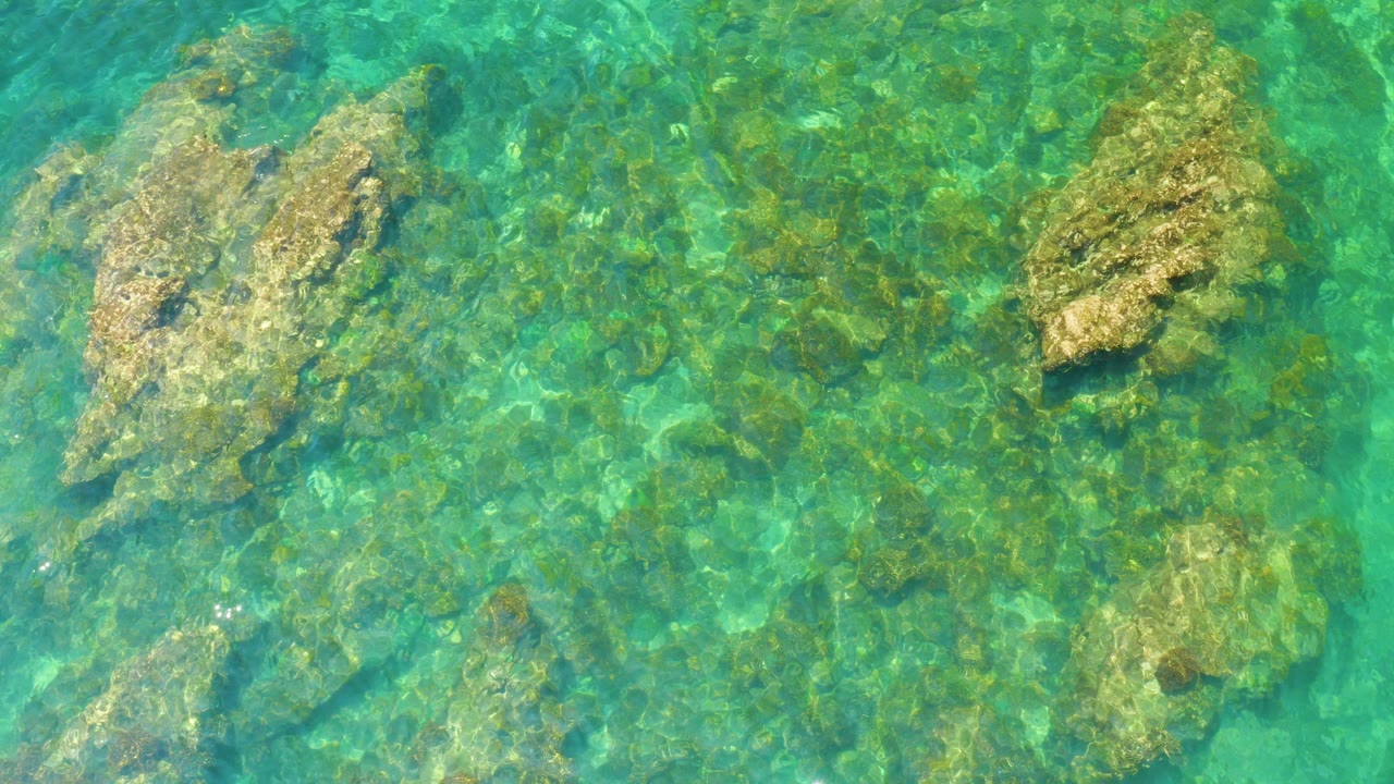 Overhead view of clear turquoise water and submerged rocks at Palmilla Beach, Baja California Sur, with no visible people.