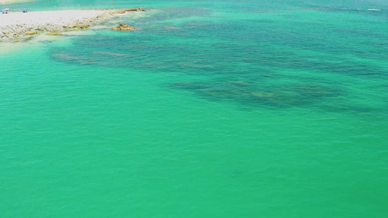 Aerial frame over Palmilla Beach water, showing a broad green-blue surface, dark submerged reef shapes, a narrow pale shoreline at the upper left, and no visible people.