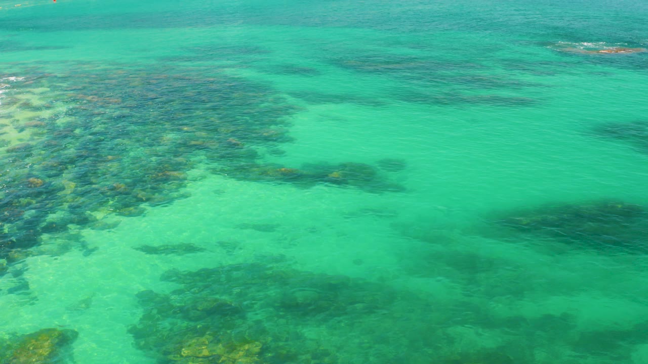 Clear turquoise water at Palmilla Beach reveals dark submerged seabed patches concentrated along the left side, with no visible people.