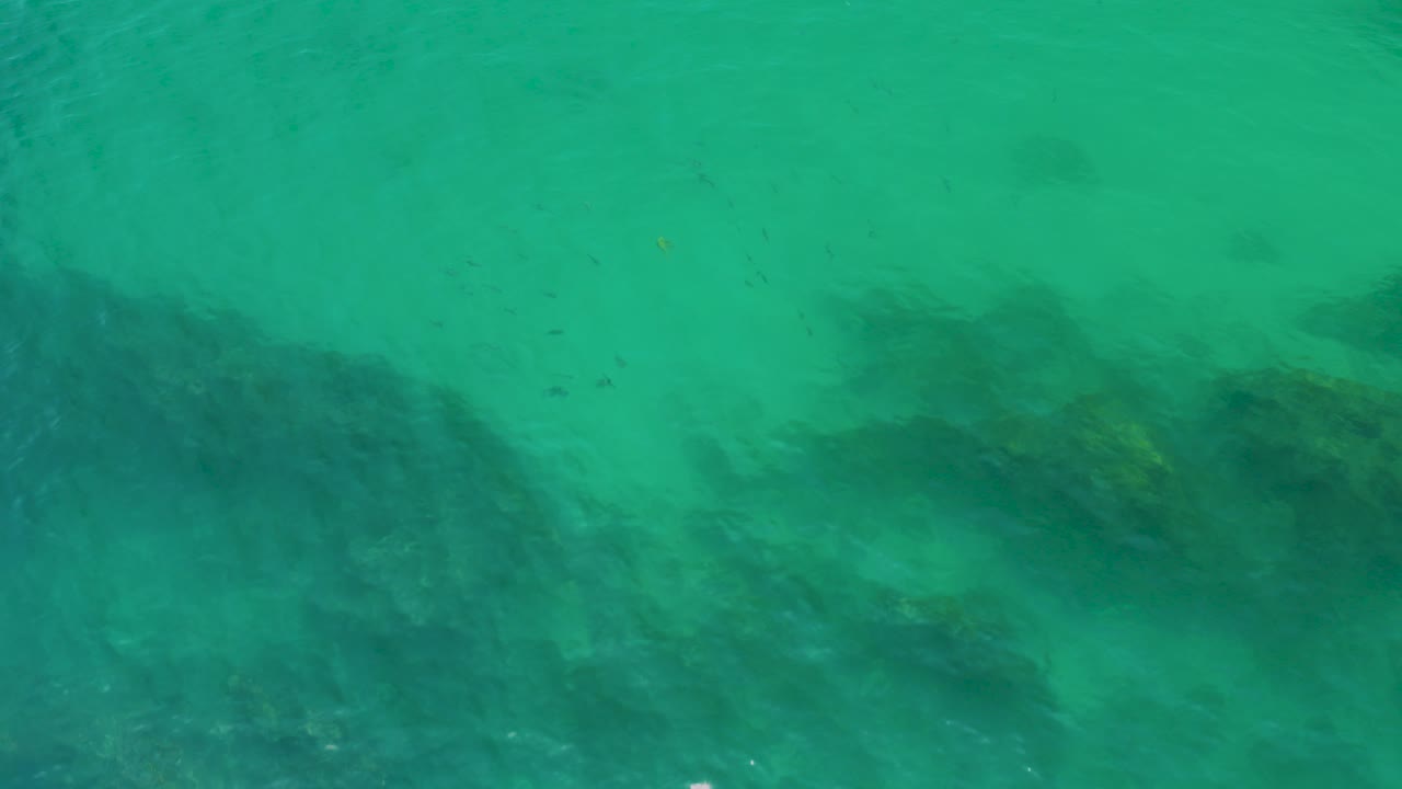 Clear green ocean at Palmilla Beach viewed from above, with a broad dark submerged band crossing the lower half and no visible people.