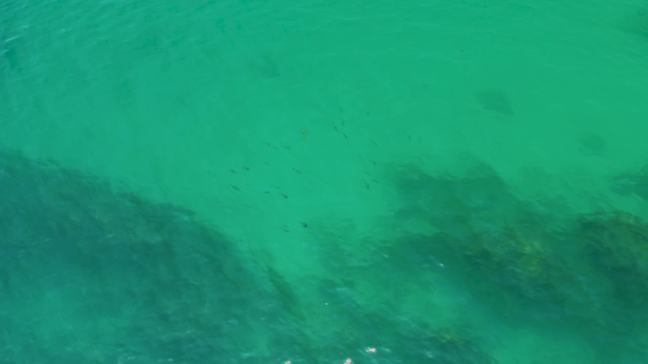 Turquoise-green ocean at Palmilla Beach with mottled dark seabed shapes under the surface and no visible people.