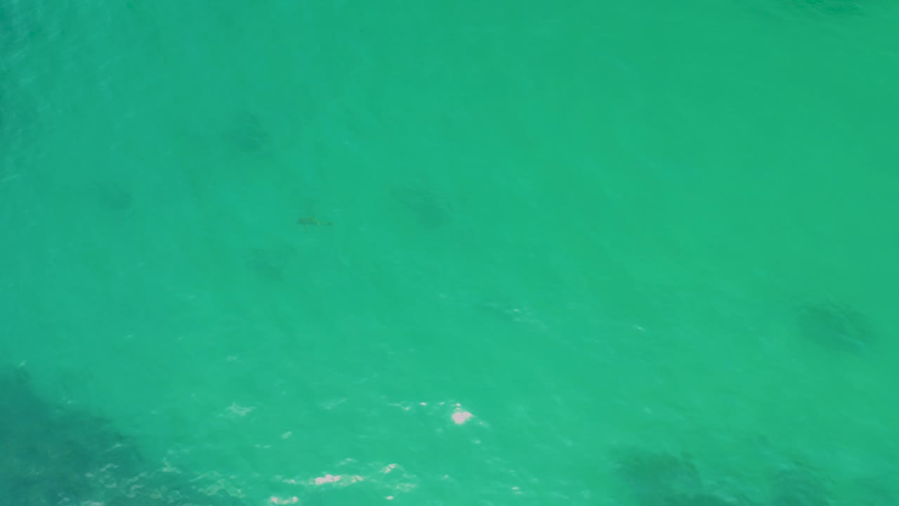 Turquoise water at Palmilla Beach fills the view, with scattered darker patches beneath the surface and no visible people.