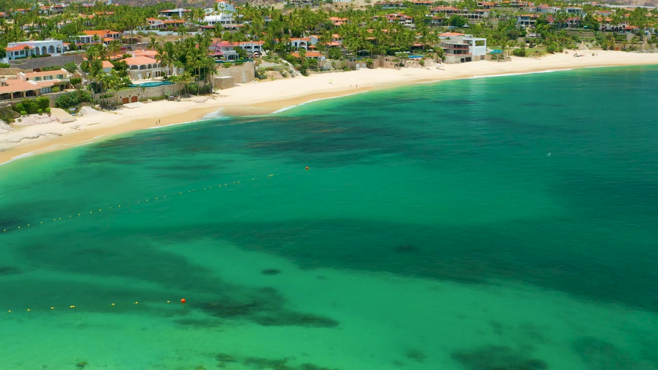 High coastal view with emerald water, sand beach, homes, and palms.