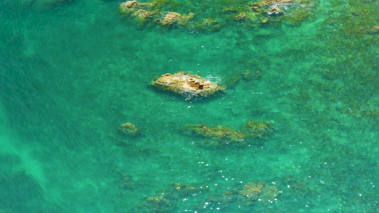 Top-down Palmilla Beach water view with the tan rock slightly right of center, scattered submerged rocks, brighter turquoise shallows, and no visible people.
