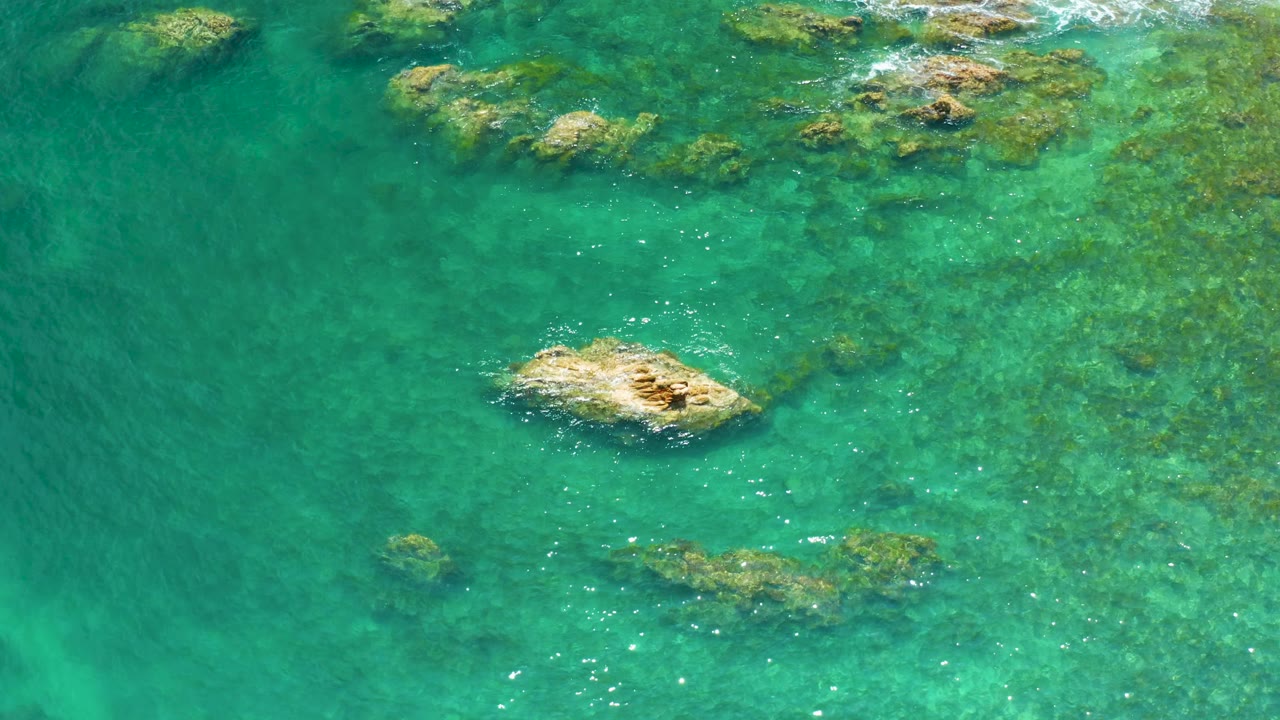Overhead Palmilla Beach frame with the exposed tan rock slightly right of center, green reef-like patches visible through the water, small foam streaks near the upper edge, and no visible people.