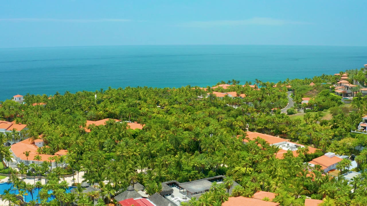 Opening aerial frame over Palmilla Beach in Baja California Sur, with dense green palms, scattered terracotta roofs, blue ocean beyond, and no visible people.