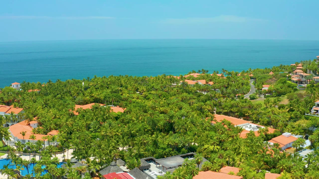 Aerial view at Palmilla Beach showing more of the central palm canopy, orange rooflines, a curving road toward the coast, blue water, and no visible people.