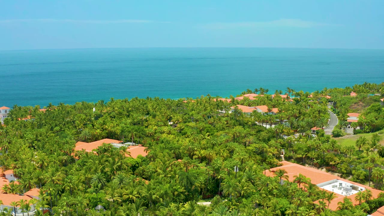 Drone-height view at Palmilla Beach showing thick green vegetation, partial orange-roofed buildings, a faint road corridor, blue water beyond the trees, and no visible people.
