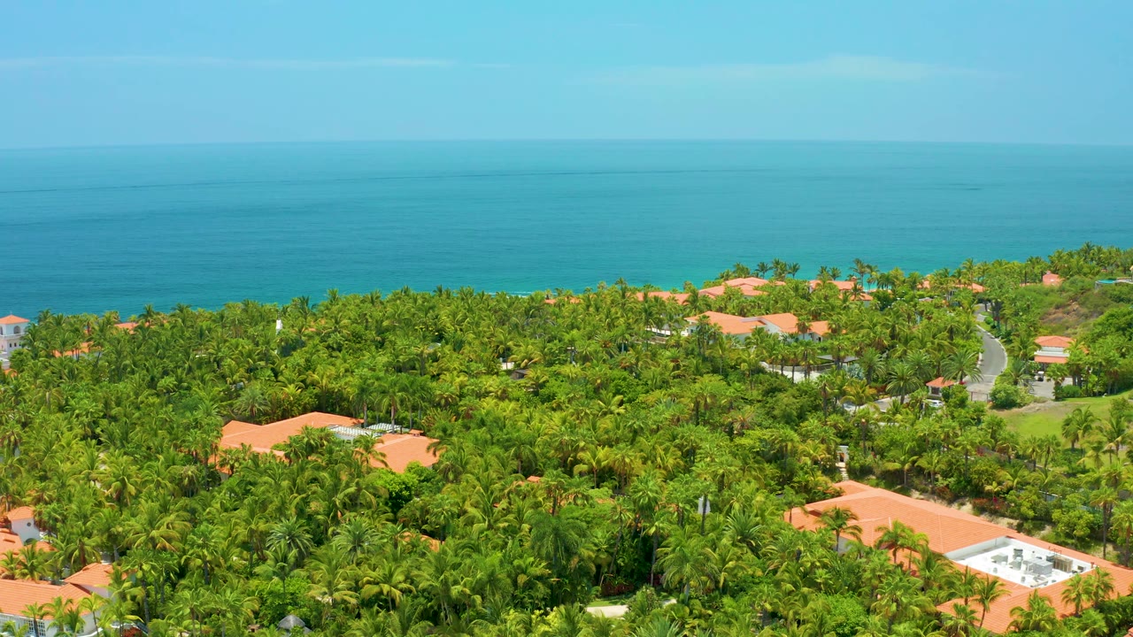 Aerial frame from Palmilla Beach with lush trees across the foreground, scattered orange rooflines at the edges, turquoise-blue ocean in the distance, and no visible people.