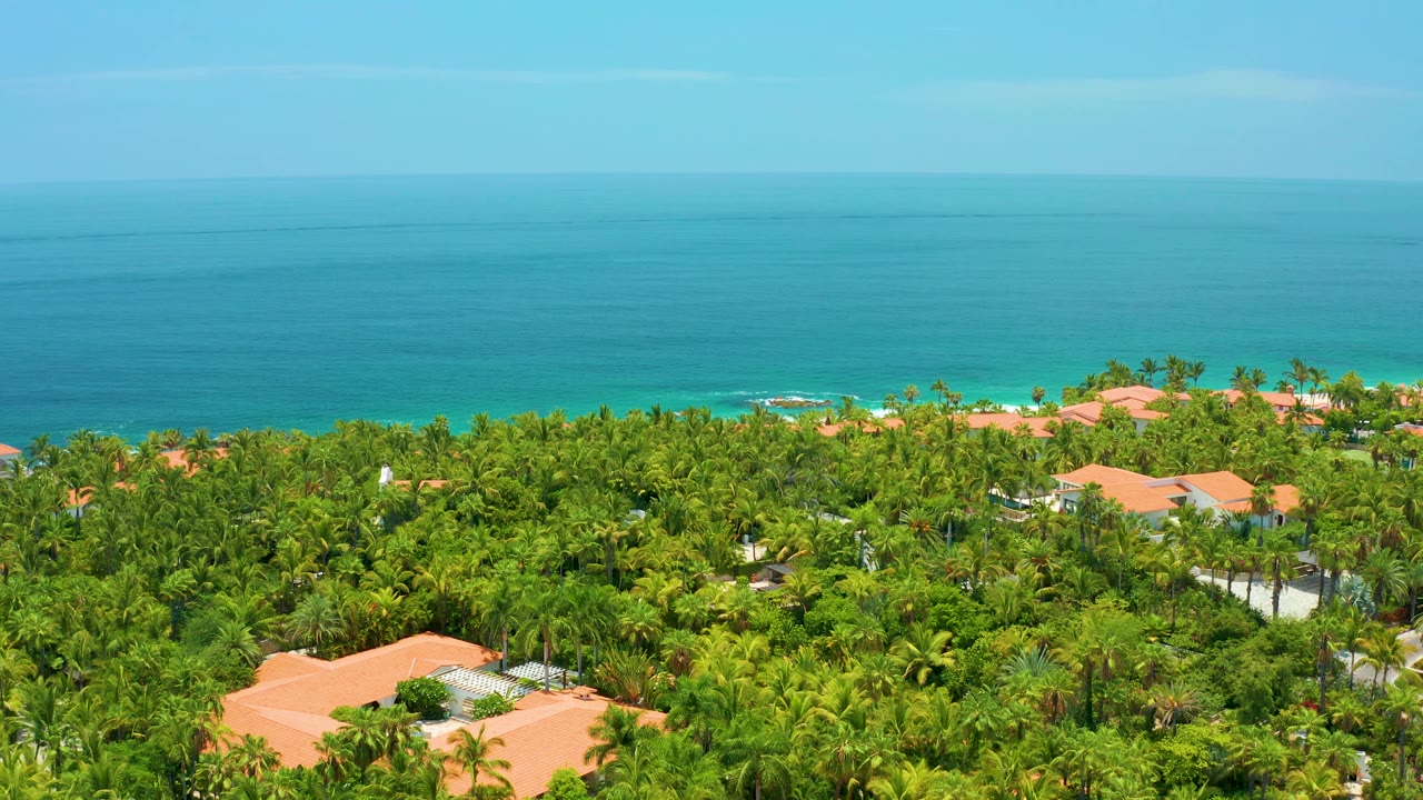Palmilla Beach aerial view with residential roofs peeking through palms, a thin surf line near shore, turquoise ocean, and no visible people.