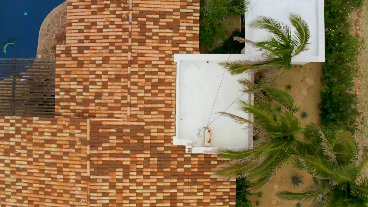 Second overhead frame in La Ribera, Baja California Sur, holds on the patterned tile roof, pool edge, white roof blocks, palms, and green planting, with no visible people.