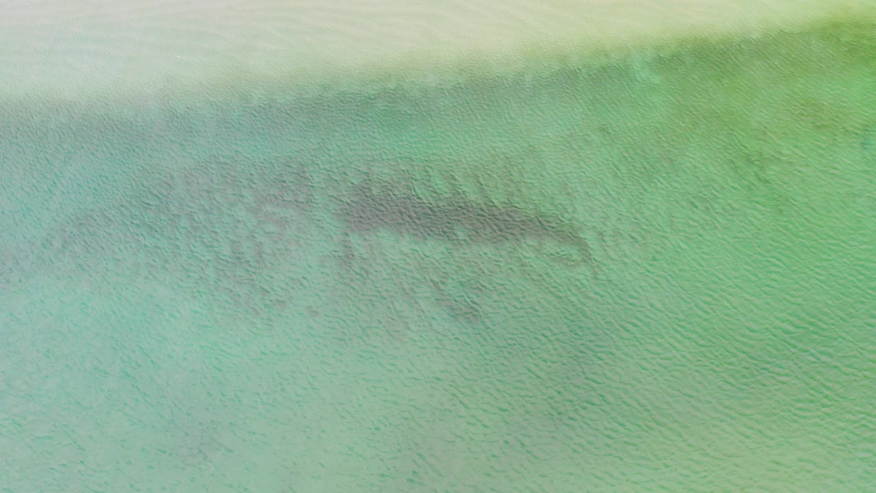Overhead aerial view of pale turquoise water at La Ribera, Baja California Sur, with a muted dark patch below the surface and even ripple texture across the sand, no visible people.
