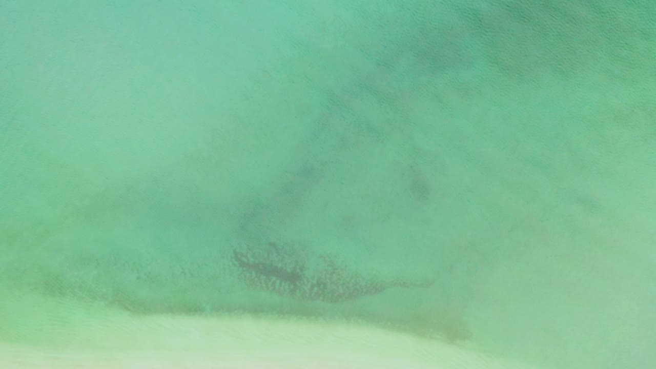 Aerial frame over La Ribera green water showing a broad pale shallow band, subtle ripples, muted darker patches under the surface, and no visible people.