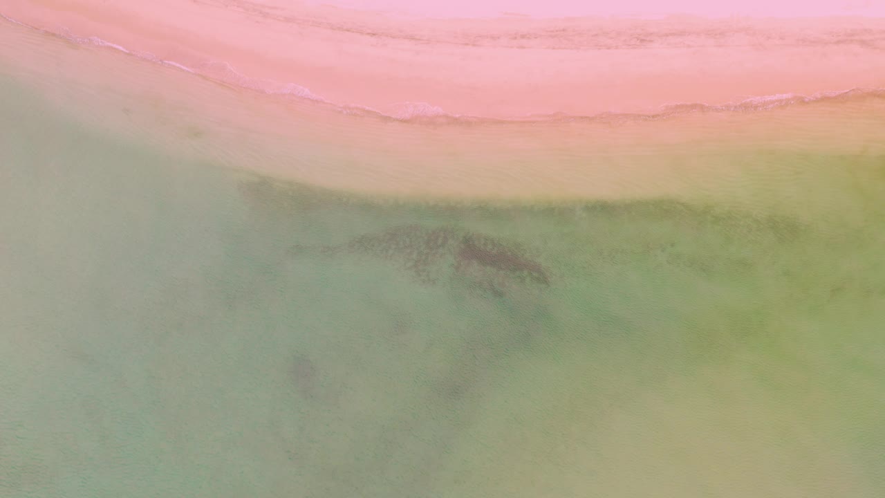 Aerial-style top-down frame of the La Ribera shore with pink sand, a pale yellow transition zone, green water, scattered darker patches, and no visible people.