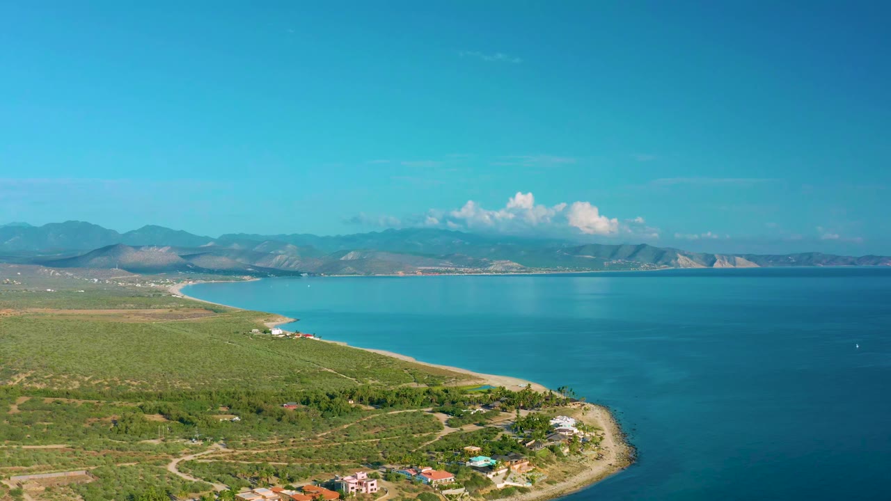 Aerial view in La Ribera, Baja California Sur, with turquoise water to the right, green terrain and dirt tracks to the left, a pale beach curve, distant mountains, and no visible people.