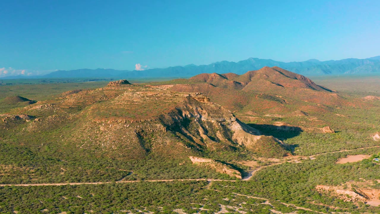 La Ribera aerial view with green bushes spread across the lower frame, a light dirt road near the bottom edge, rocky hills in warm sunlight, blue horizon mountains, and no visible people.
