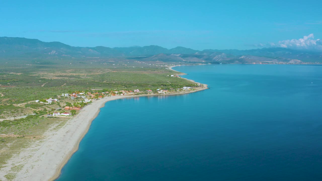 Aerial view of the La Ribera shoreline with turquoise water occupying most of the right frame, pale sand at left, a cluster of small buildings inland, distant hills, and no visible people.