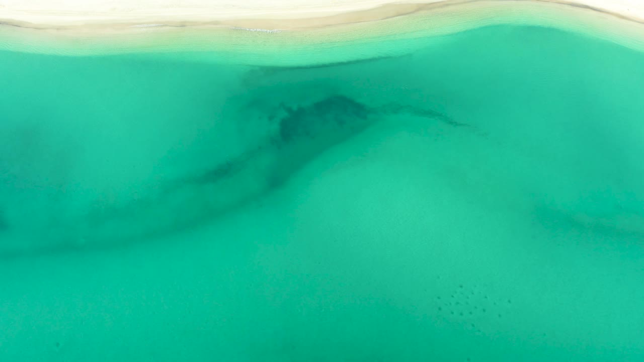 Green coastal water and pale sand in La Ribera, Baja California Sur, with darker underwater shapes visible near the upper waterline and no visible people.