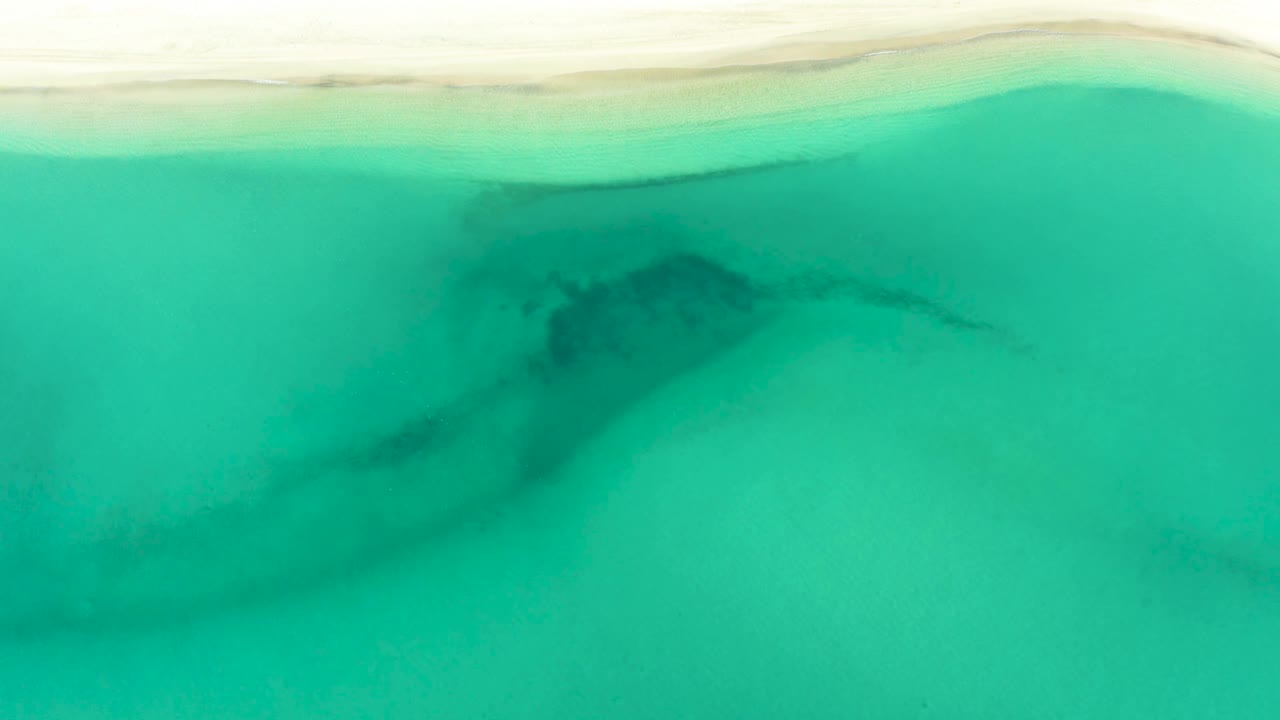 Top-down La Ribera shoreline frame with pale sand across the top, turquoise water below, a dark underwater form near center-left, and no visible people.