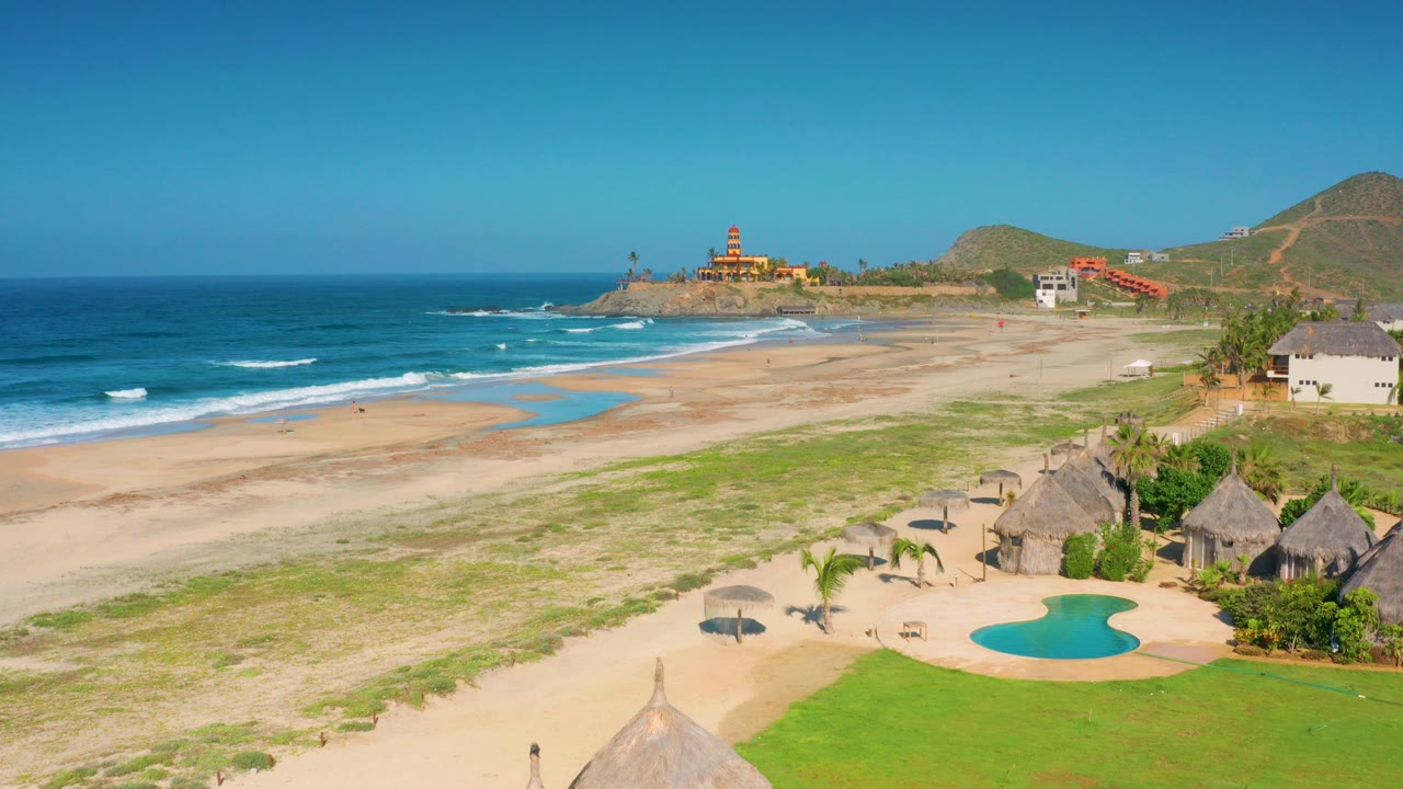 Aerial beach view with ocean, sand, huts, pool, umbrellas, hills, and clear sky