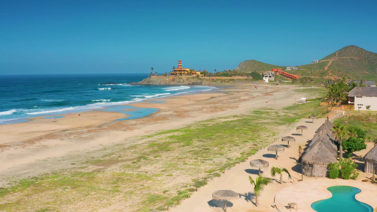 Cerritos beach aerial view with the ocean taking more of the left foreground, pale sand and water channels across the center, hut-like structures at the lower right, and no visible people.