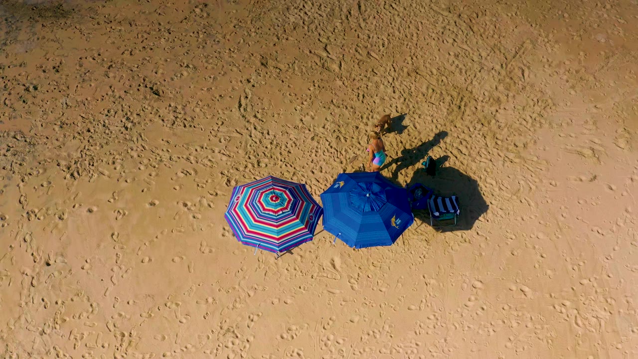 Overhead view in Cerritos, Baja California Sur, showing two beach umbrellas, striped chairs, a woman, and a small dog on sunlit sand at the start of the clip.