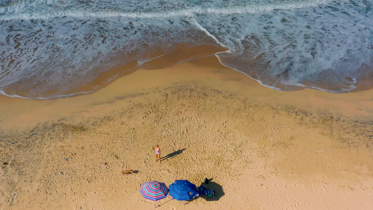 Overhead view of Cerritos beach with foamy surf at the top, open sand, colorful umbrellas near the bottom, a small person on the sand, and a dog nearby.