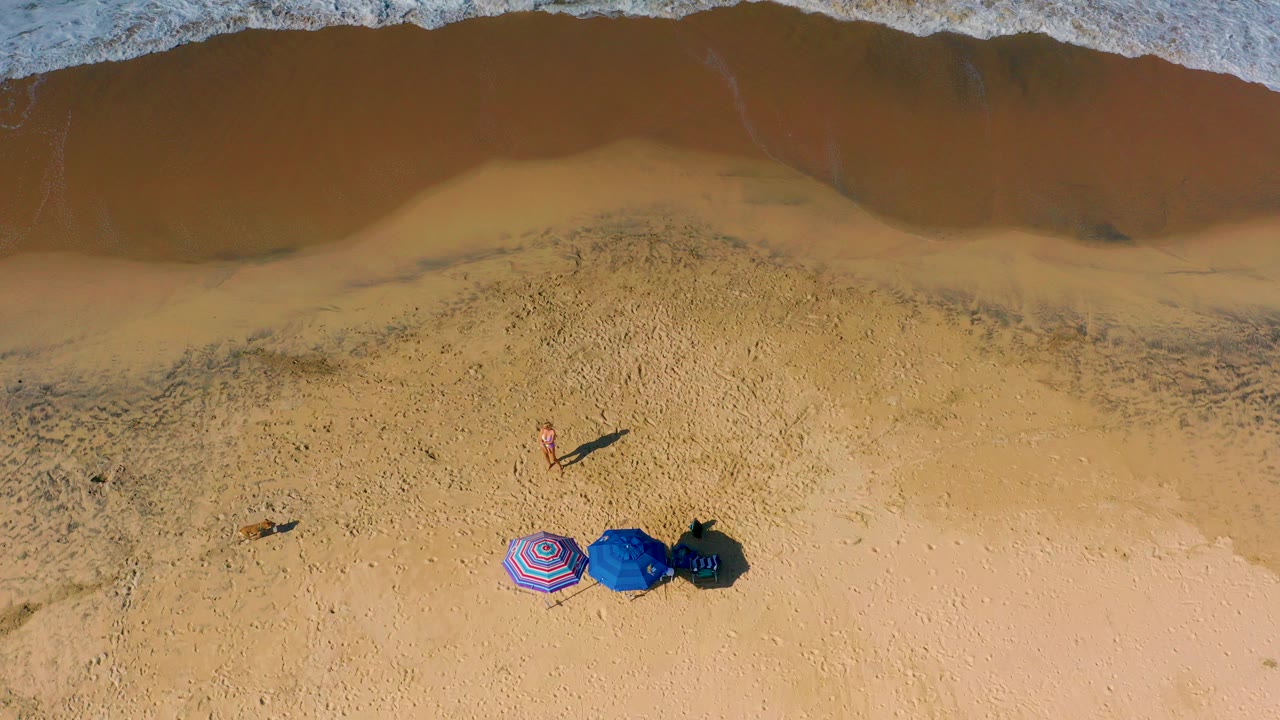 Overhead frame from Cerritos, Baja California Sur, with foamy surf along the top, a person standing on open sand, a small dog to the left, and bright umbrellas near the lower center.