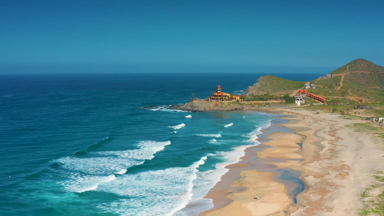 Wide aerial view of Cerritos, Baja California Sur coastline with turquoise surf, sandy beach, a rocky point, hillside structures, and no visible people.