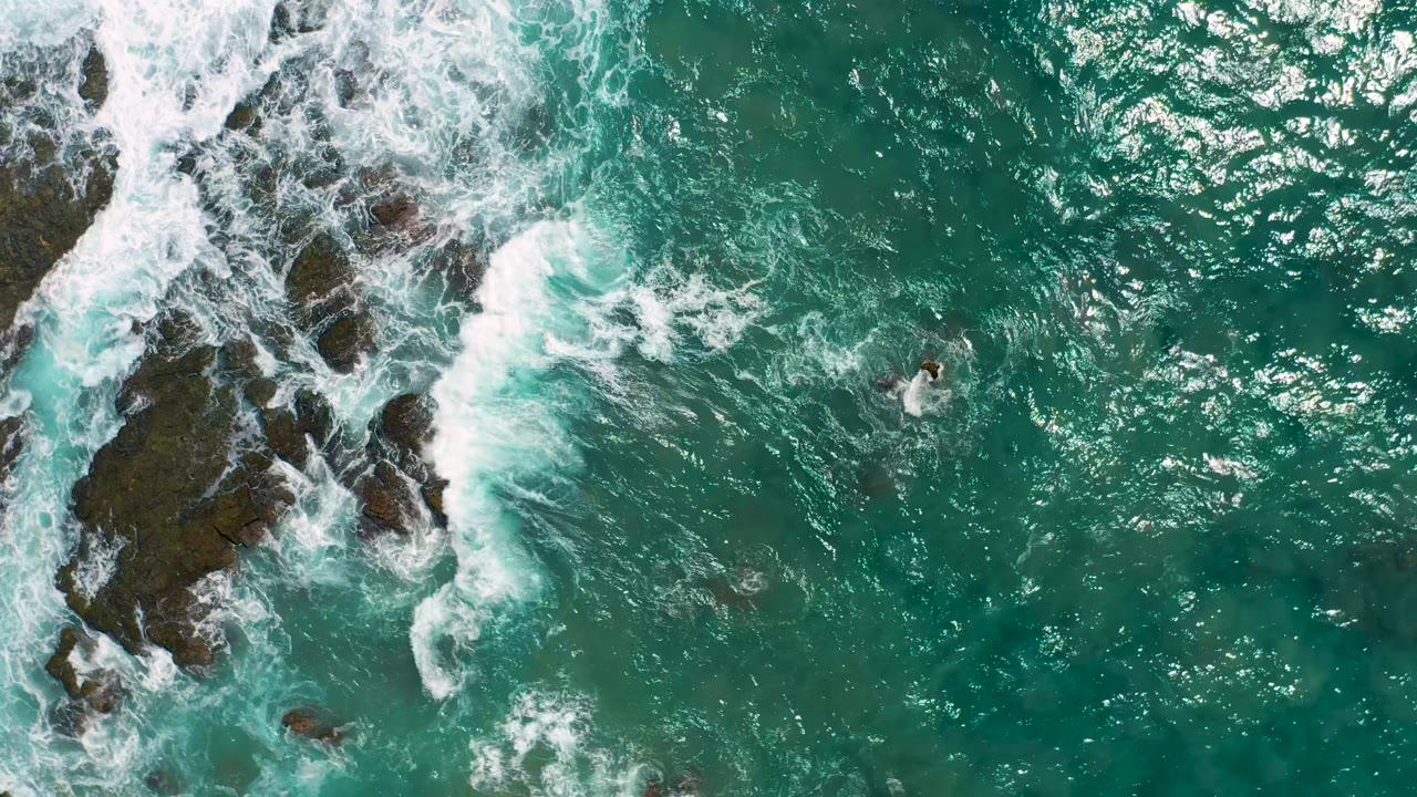 Overhead Cerritos coastal water shows a foamy wave curling beside a dark rock spine, with bright turquoise water and sun flecks across the right side, and no visible people.