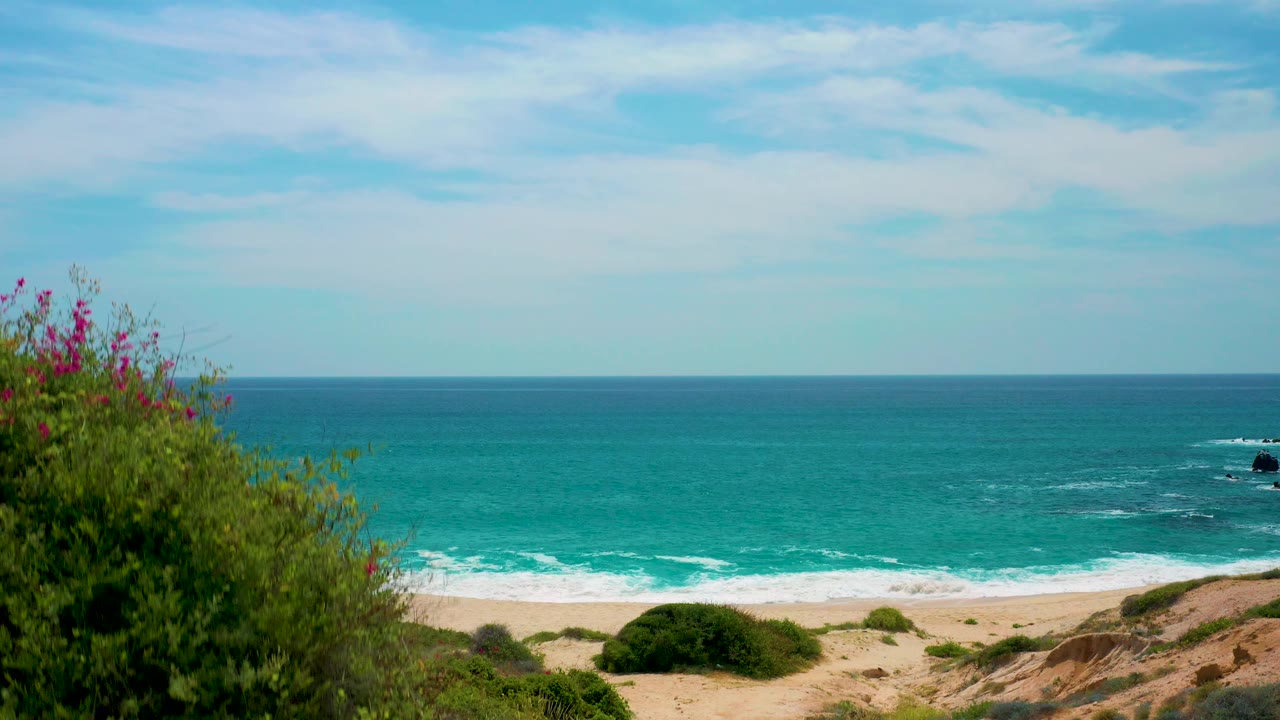 At 0:02, the view opens wider across the turquoise water, sandy beach, low shrubs, and dark offshore rocks at Secrets Marquis Los Cabos, Mexico, with no visible people.