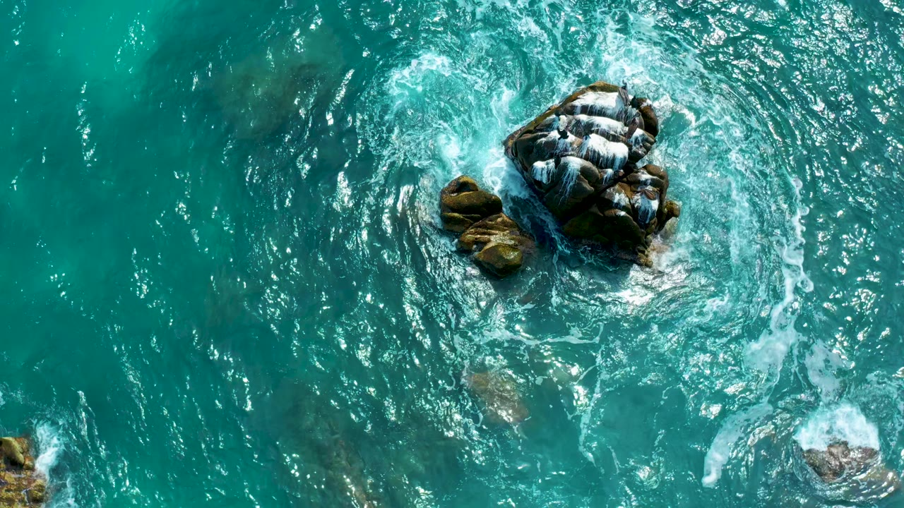 Overhead view at Secrets Marquis Los Cabos, Mexico, showing foamy water turbulence around dark rocks and faint submerged stones below, with no visible people.