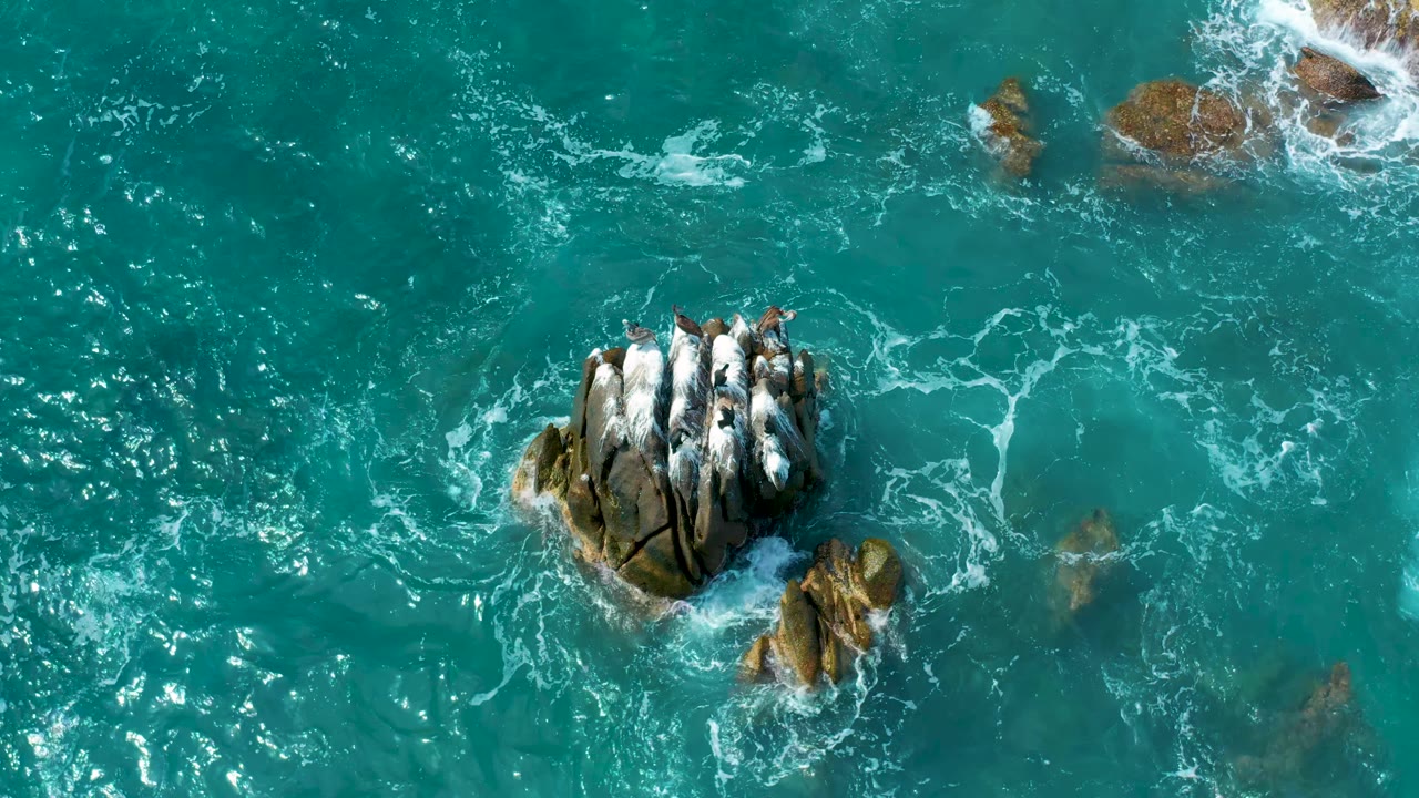 Aerial frame near Secrets Marquis Los Cabos, Mexico, with the rock cluster slightly left of center, foam streaks spreading across clear water, and no visible people.