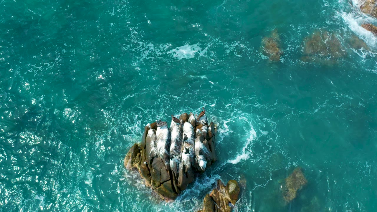 Clear overhead view of a rocky outcrop in teal water at Secrets Marquis Los Cabos, Mexico, where surf curls around the stones and no visible people appear.