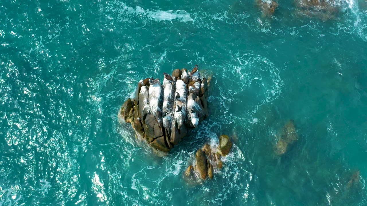 Overhead coastal frame with white foam curling around the central rocks and clearer green water to the right at Secrets Marquis Los Cabos, Mexico, with no visible people.