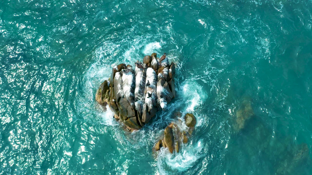 Overhead view at Secrets Marquis Los Cabos, Mexico, showing turquoise water and white foam around a central rocky outcrop with no visible people.