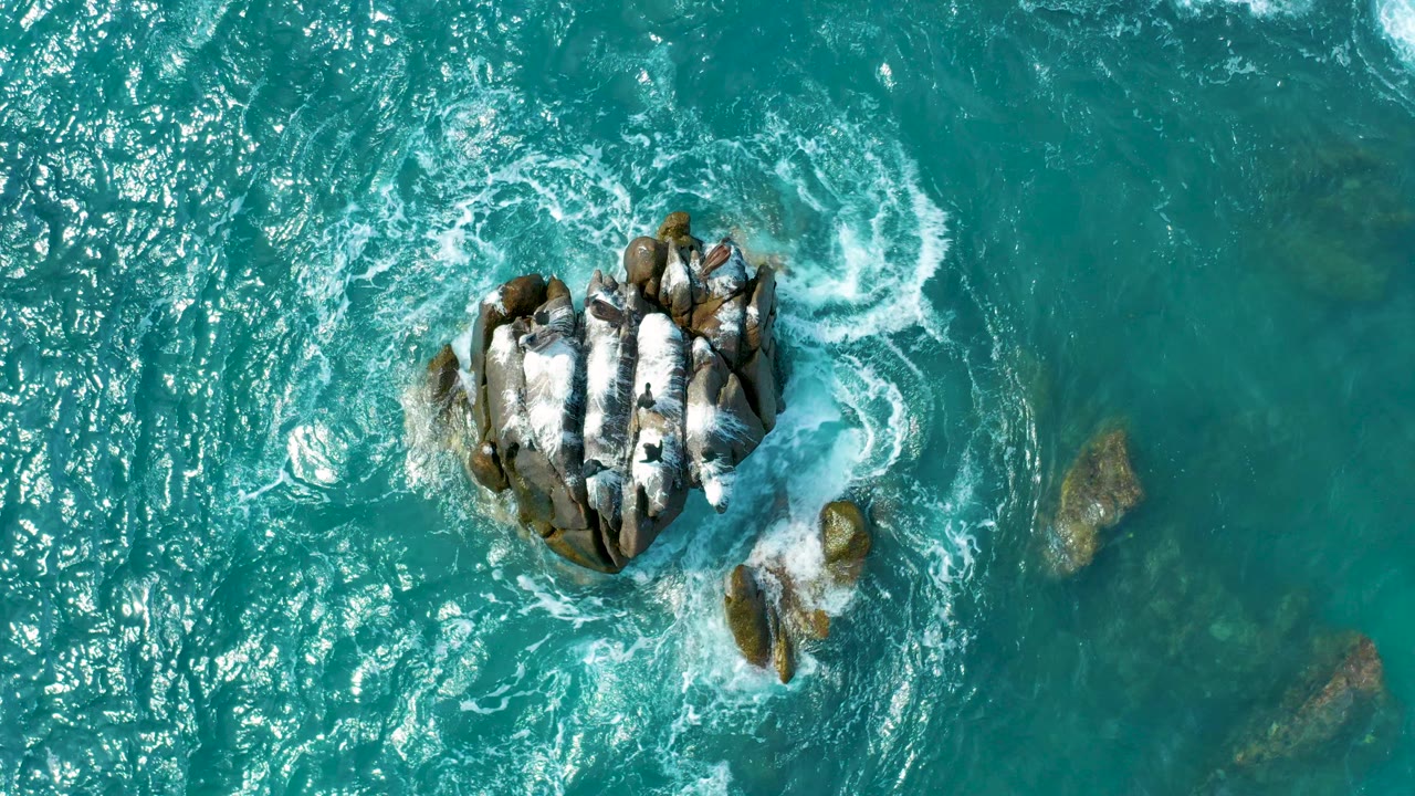 Overhead frame from Los Cabos, Mexico showing white foam washing across a compact dark rock cluster in blue-green ocean water, with no visible people.