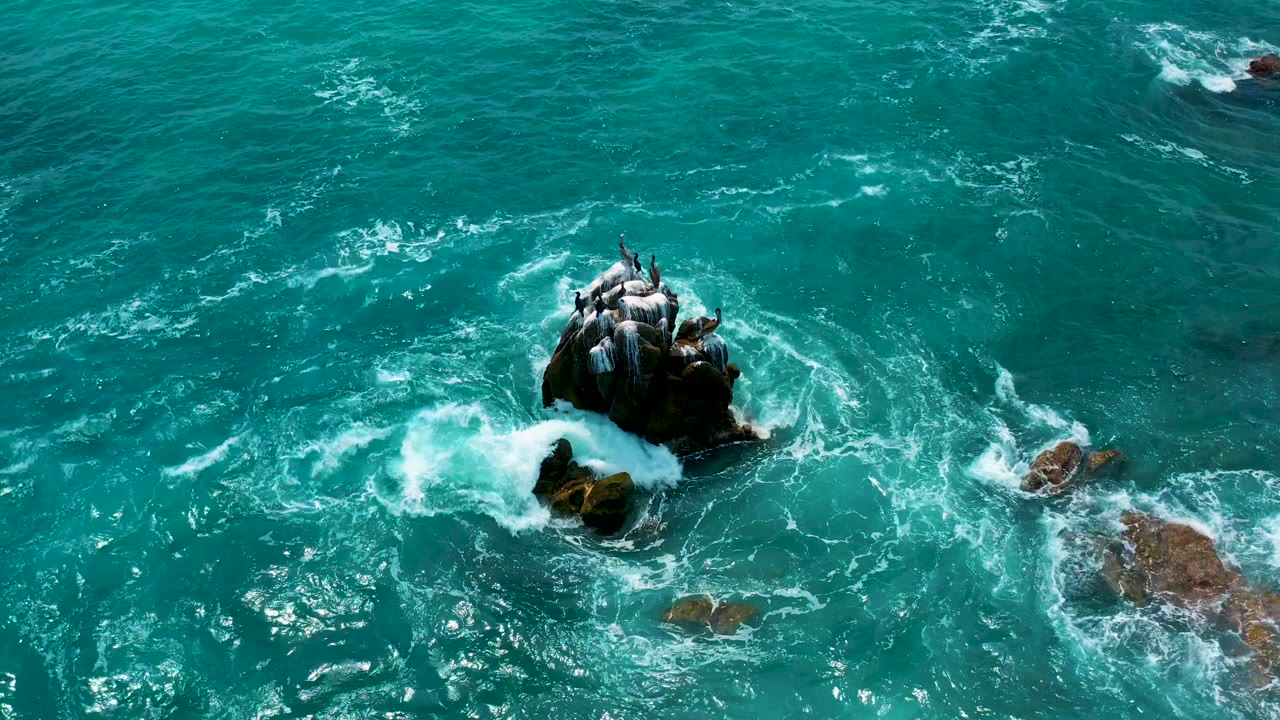 Top-down coastal view at Secrets Marquis Los Cabos, Mexico, showing a burst of white surf striking the bird-covered rock formation, with scattered rocks visible under the water and no visible people.