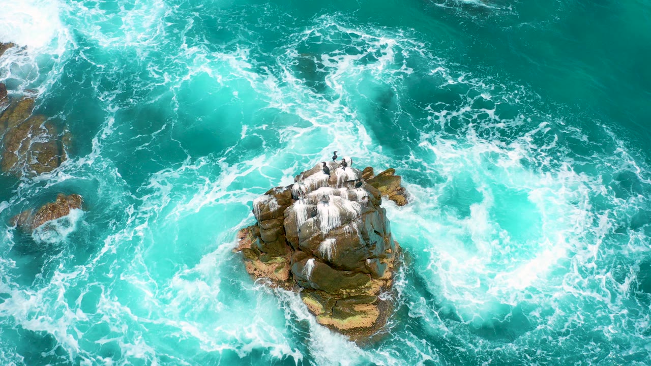Top-down view at Secrets Marquis Los Cabos, Mexico, showing white surf wrapping a central brown rock formation in turquoise ocean water with no visible people.