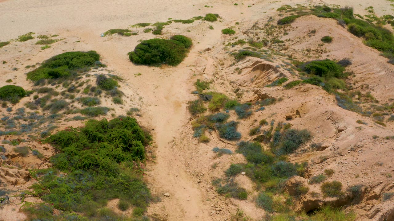 Aerial frame at Secrets Marquis Los Cabos, Mexico, centered on a sandy path between low green bushes and eroded dune ridges, with no visible people.