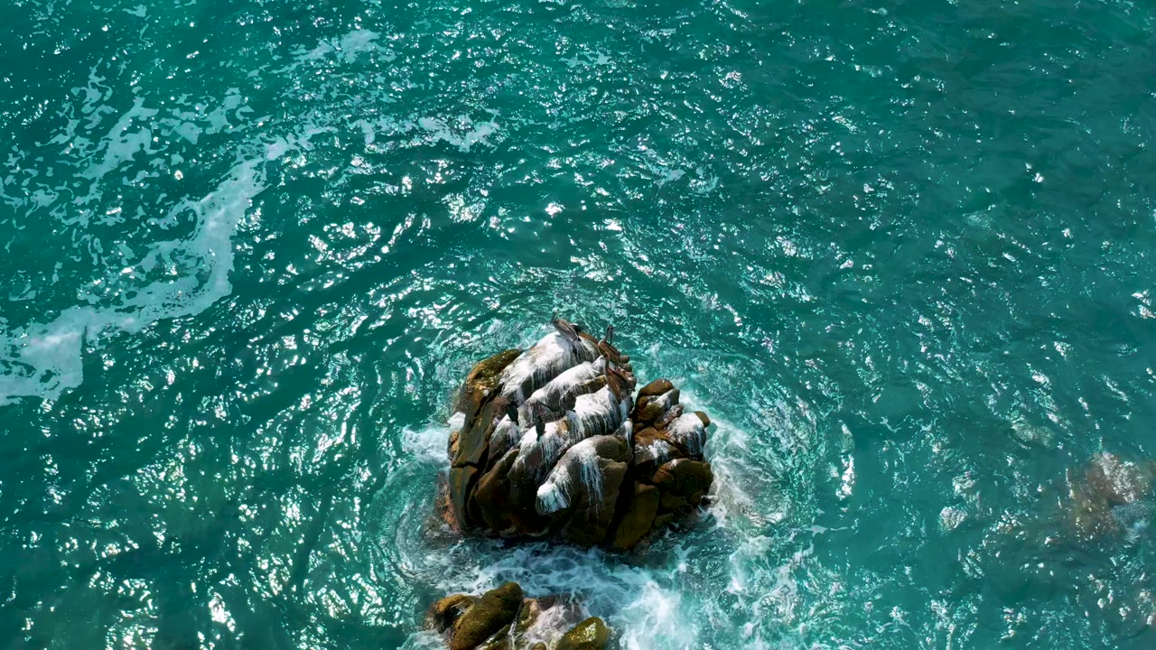 Aerial ocean view with rock and swirling foam.