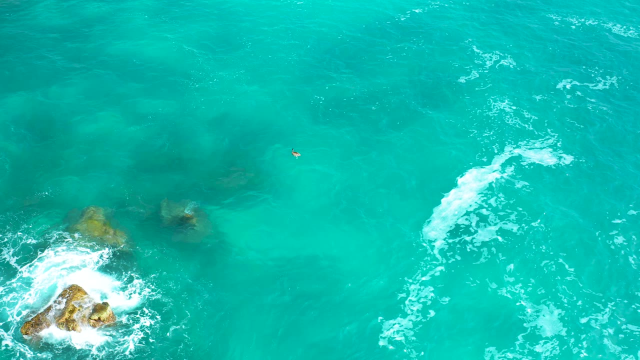 Overhead frame from Secrets Marquis Los Cabos, Mexico, with a tan rocky outcrop below center, foamy surf curling around it, and no visible people.