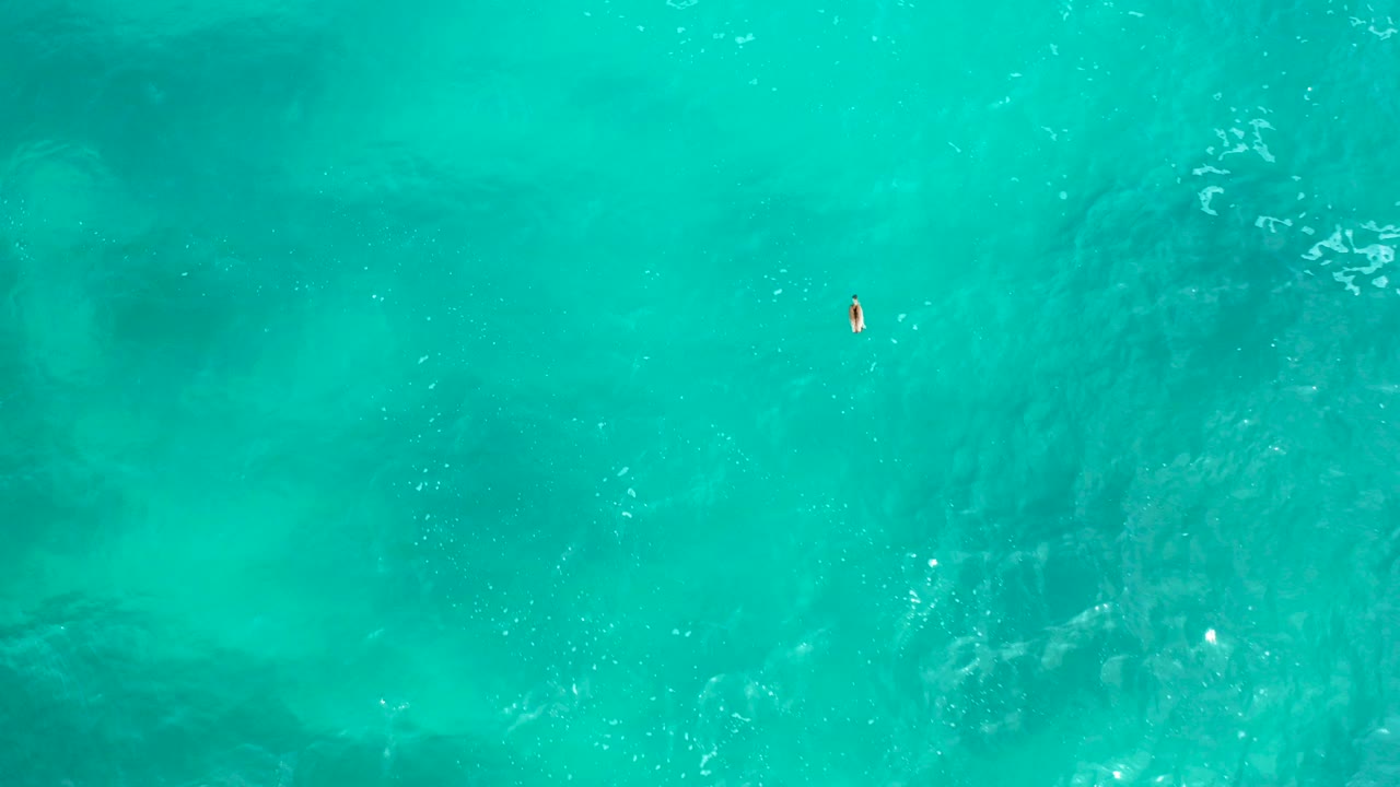 Straight-down view of turquoise water at Secrets Marquis Los Cabos, Mexico, with darker submerged patches, surface sparkle, and a tiny fish-like shape near the upper center, no visible people.