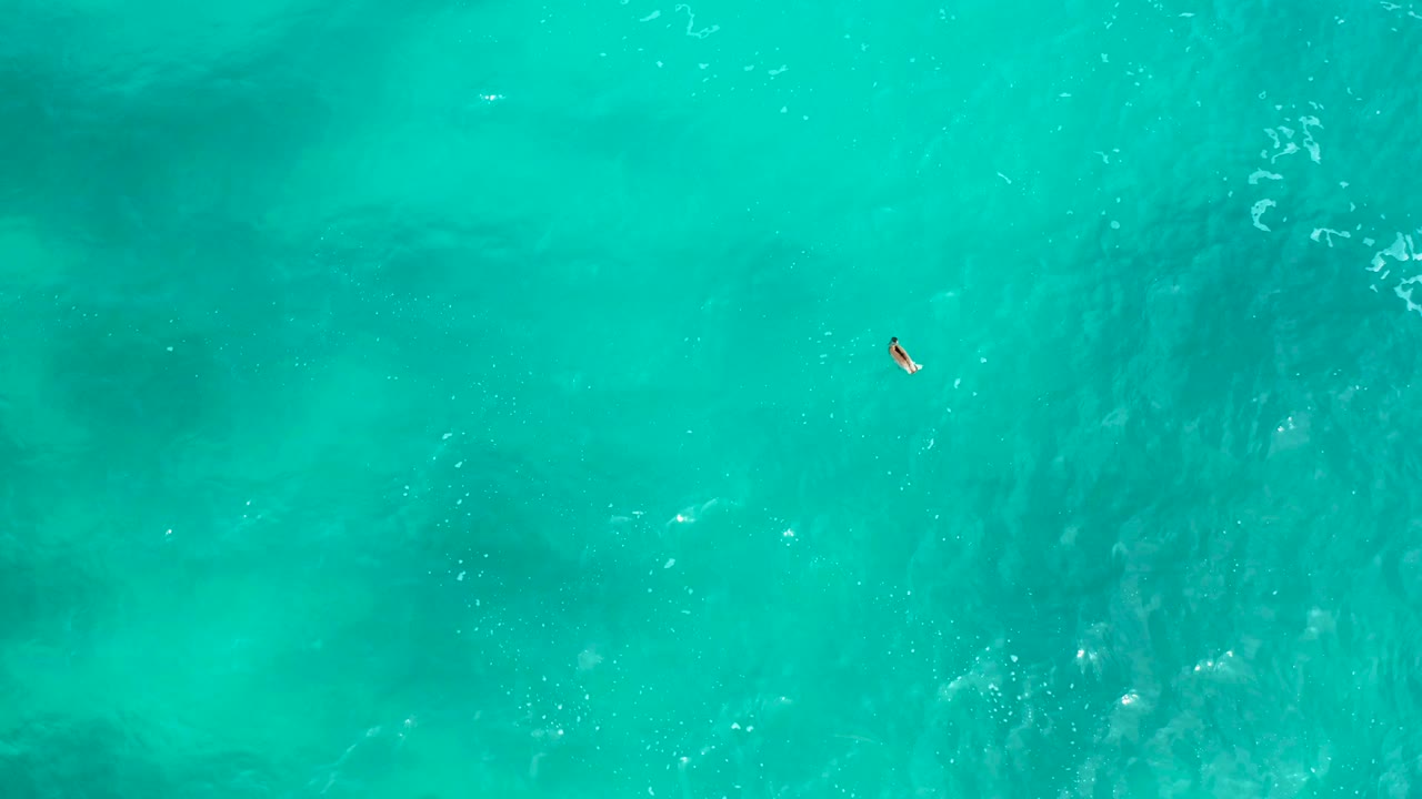 Clear teal ocean water with a small fish-like shape near the left side.